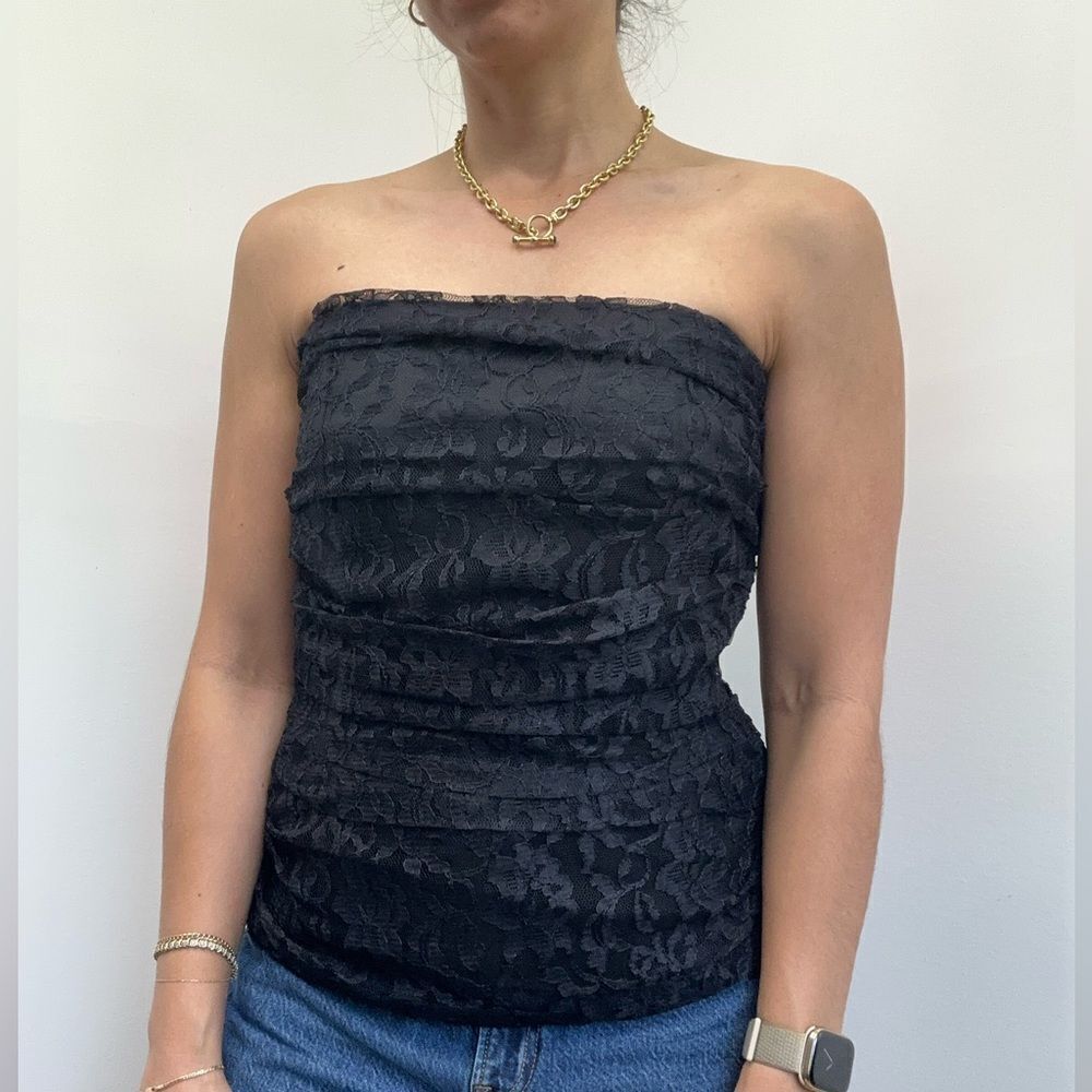 Vintage 80’s Black Lace Strapless Ruched Gathered Corset Top Size S